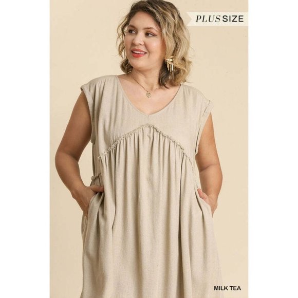 Umgee Plus Size Milk Tea V-Neck Short Folded Sleeve Ruffle Trimmed Pocket Dress - Picture 2 of 12